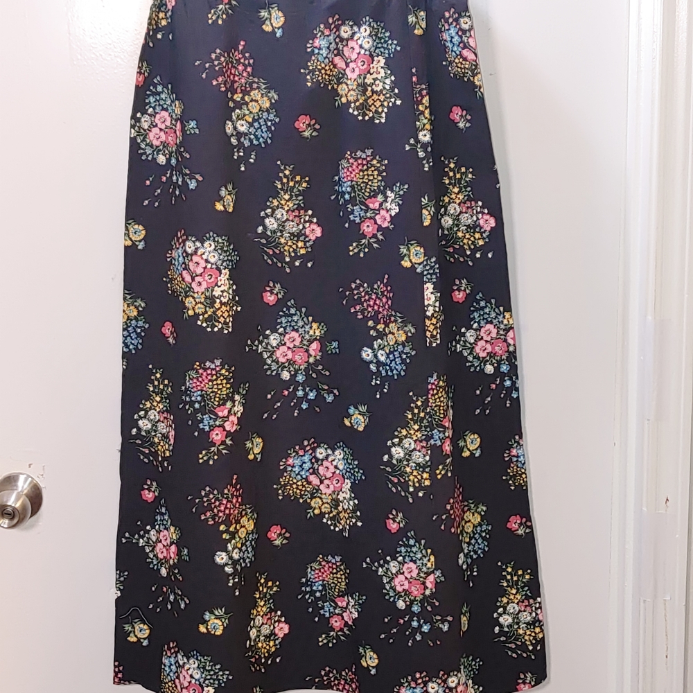 Vintage 70s Summit of Boston Size 12 Black Floral A-Line Skirt 100% Cotton USA